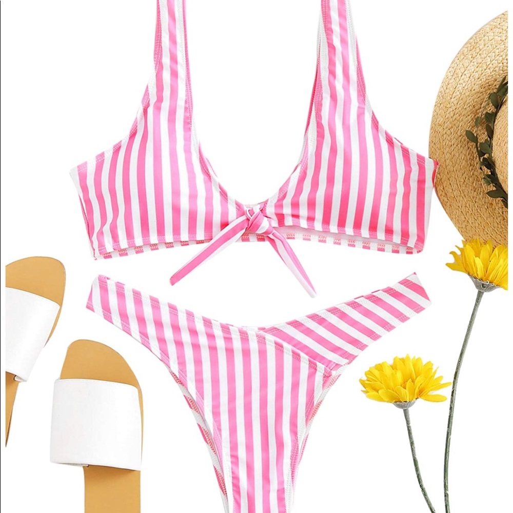 Pink and White striped bikini set
